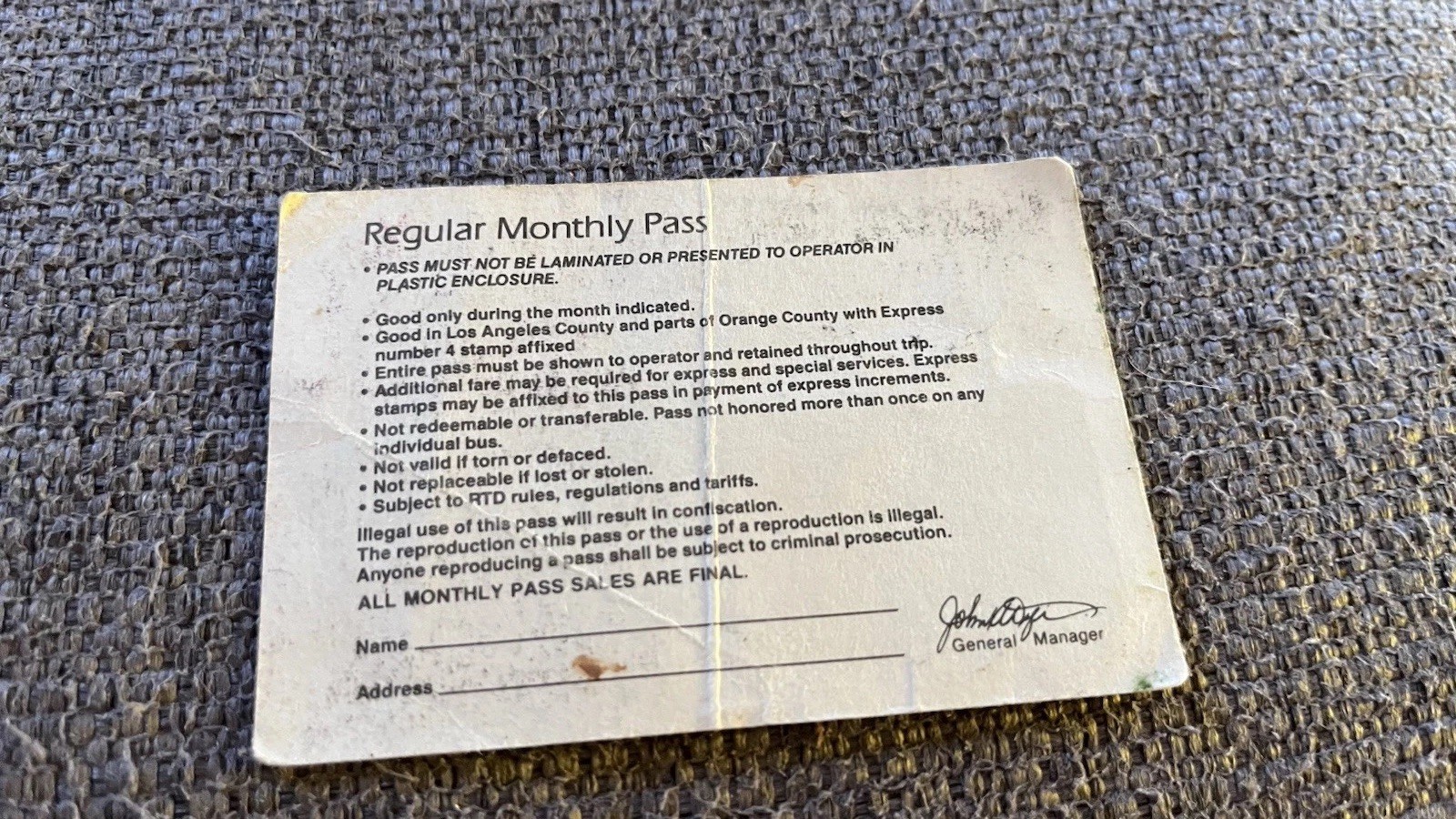 RTD Bus Pass Los Angeles Vintage Bus Pass – 1986