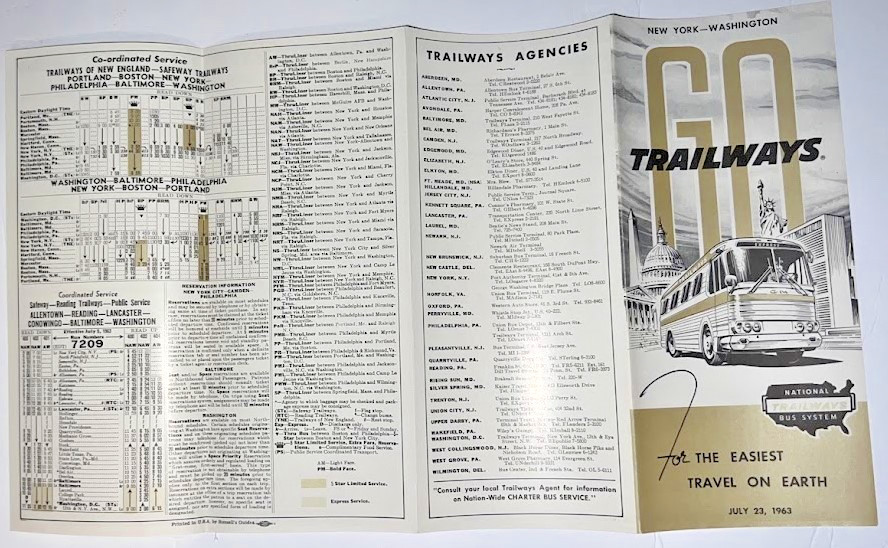 1963 TRAILWAYS BUS TIMETABLE SCHEDULE NEW YORK & WASHINGTON