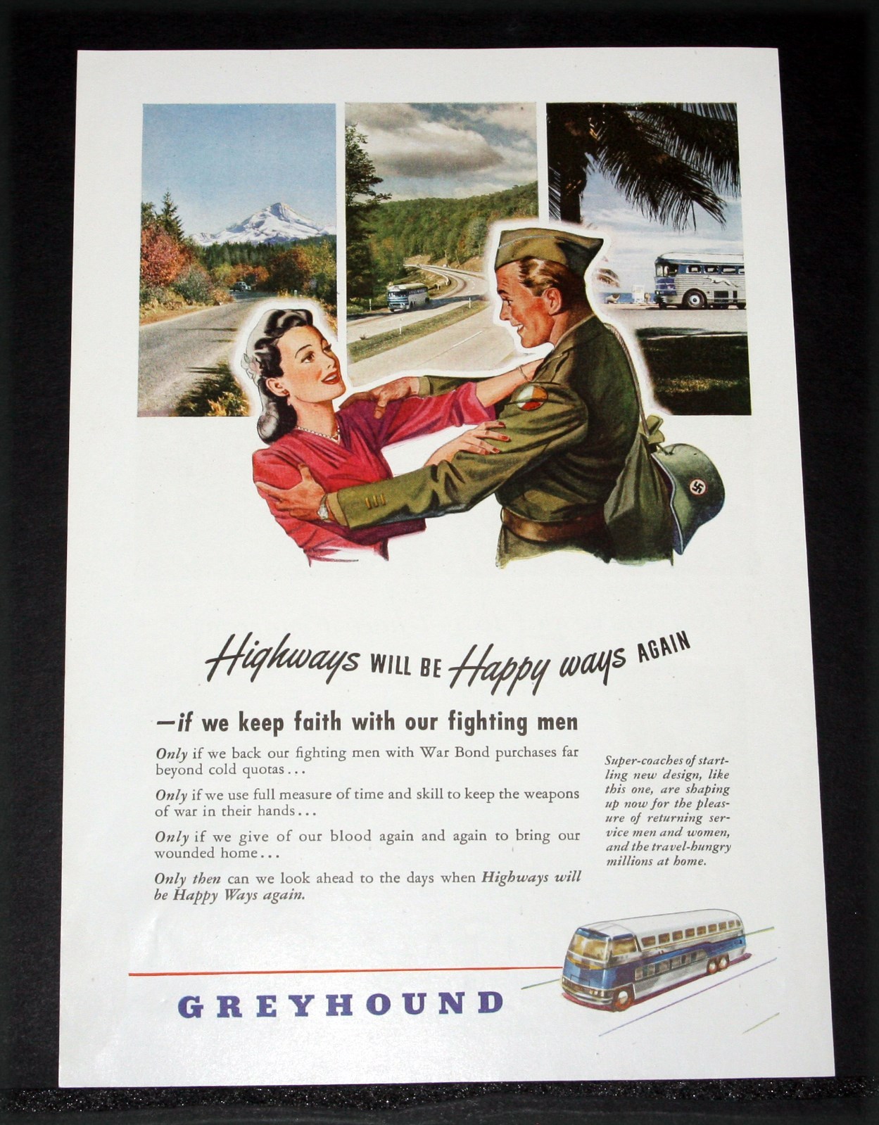 1945 OLD WWII MAGAZINE PRINT AD, GREYHOUND BUS, KEEPING FAITH IN FIGHTING MEN!