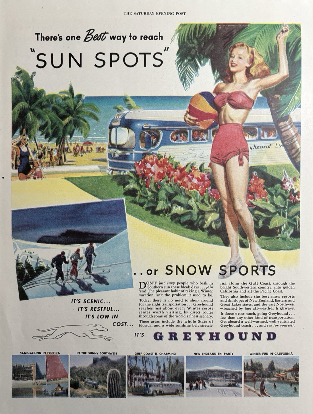 Greyhound Bus Lines Travel Sun Spots Scenic Low Cost Snow VTG Print Ad 1947