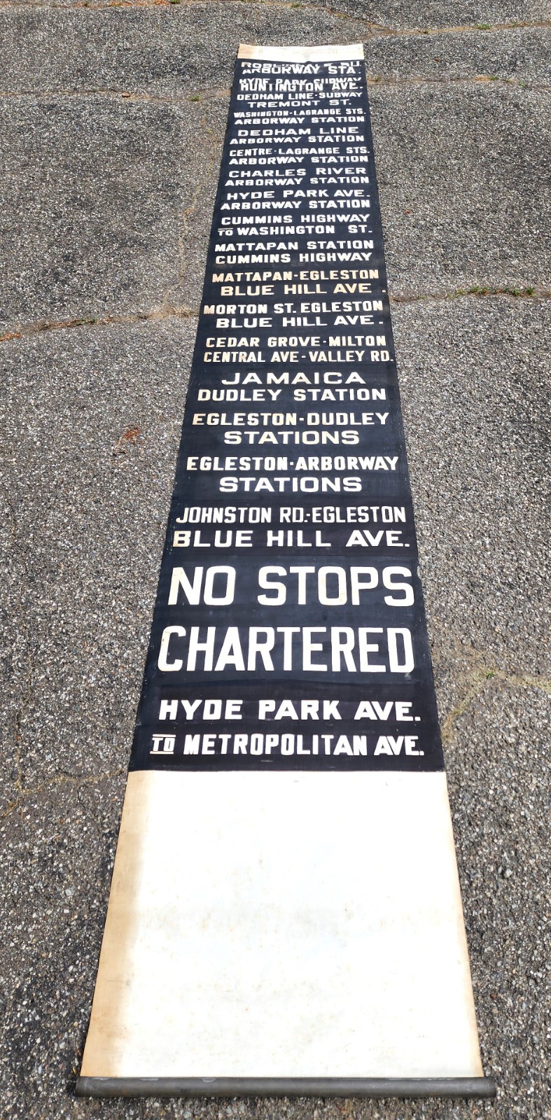 ANTIQUE 1948 MASSACHUSETTS CHARTER BUS ROLL SIGN ROSLINDALE SQUARE BOSTON MA