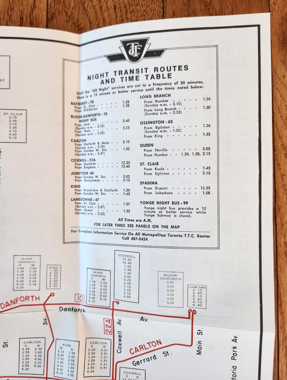 1971 TTC TORONTO TRANSIT CO BUS NIGHT TRANSIT TIME TABLE & MAP ONTARIO CANADA
