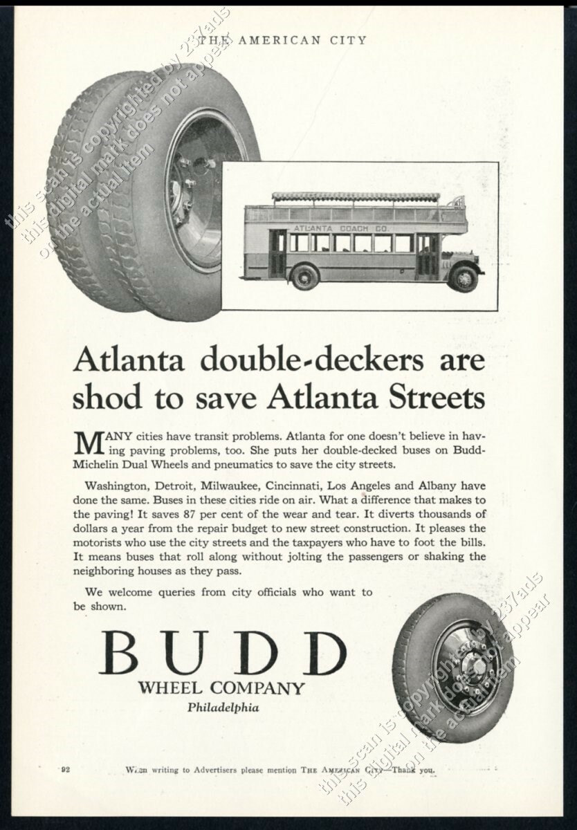 1926 Atlanta Georgia double decker bus photo Budd Wheel vintage trade print ad