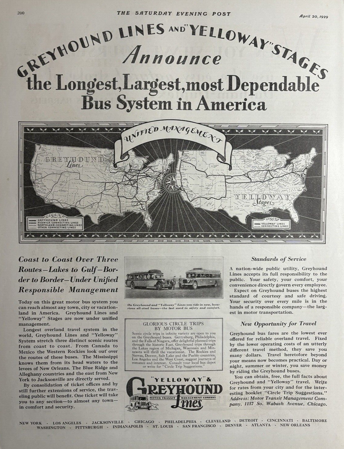 1929 Greyhound Lines Yelloway Stages Largest Bus System America Map VTG Print Ad