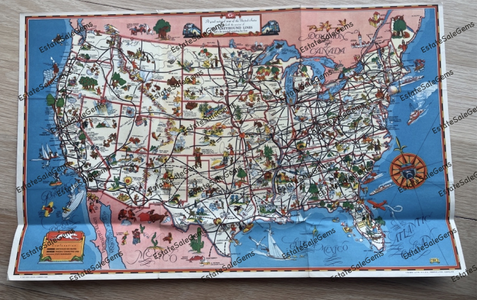 1930s Greyhound Bus Good Natured Map of the United States 19″x 12″