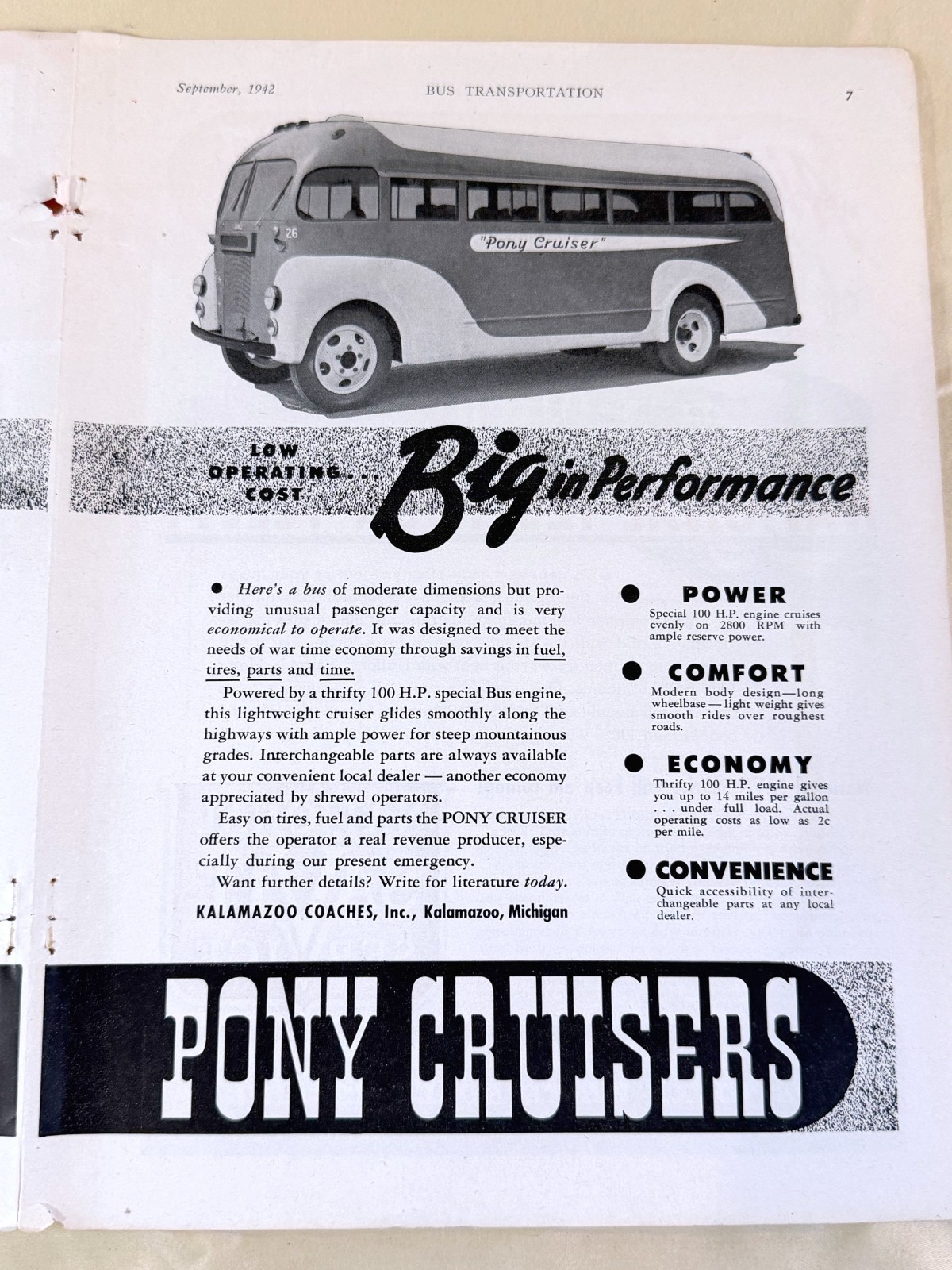 vtg BUS transportation print ad 1942 Kalamazoo Pony Cruiser bearings