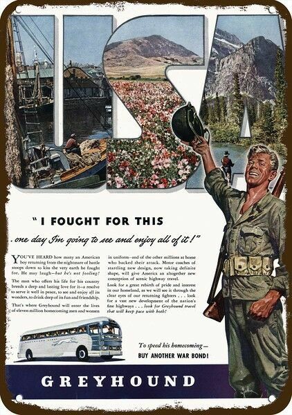 1944 GREYHOUND BUS Vintage Look DECORATIVE METAL SIGN – USA SOLDIER M-1 RIFLE GU