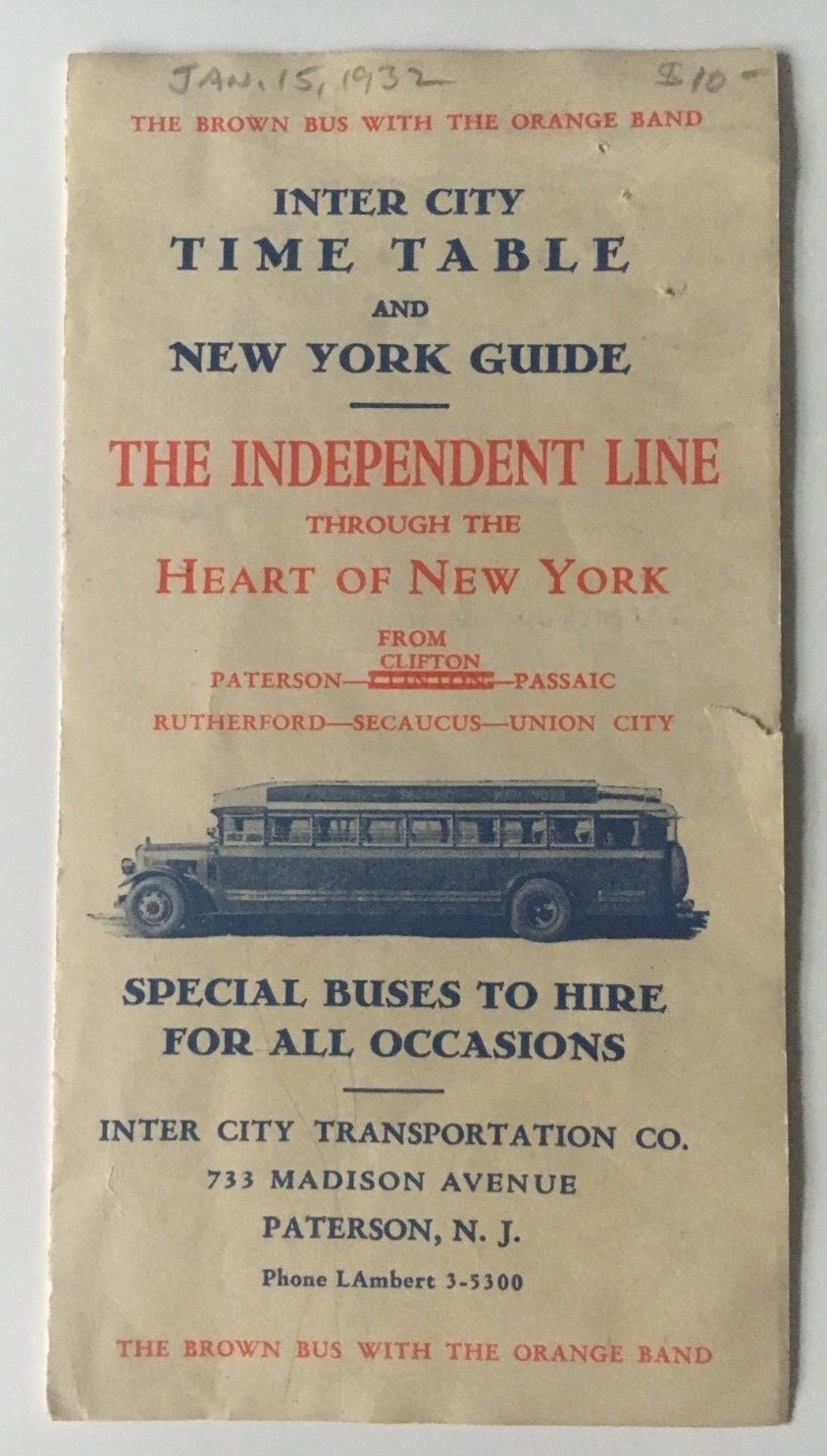 ca 1932 Vintage Independent Line Bus Motor Coach Timetable NYC Paterson w/ ads