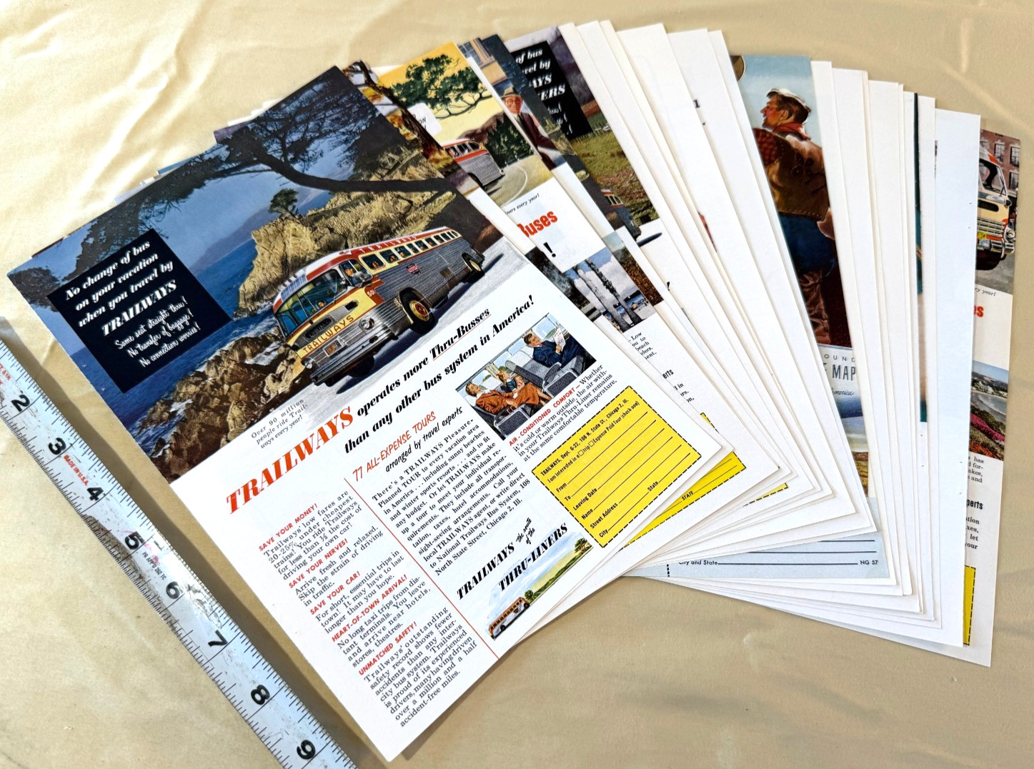 LOT OF 20+ Print Ads Greyhound Trailways Bus Line Travel Vacation MID CENTURY
