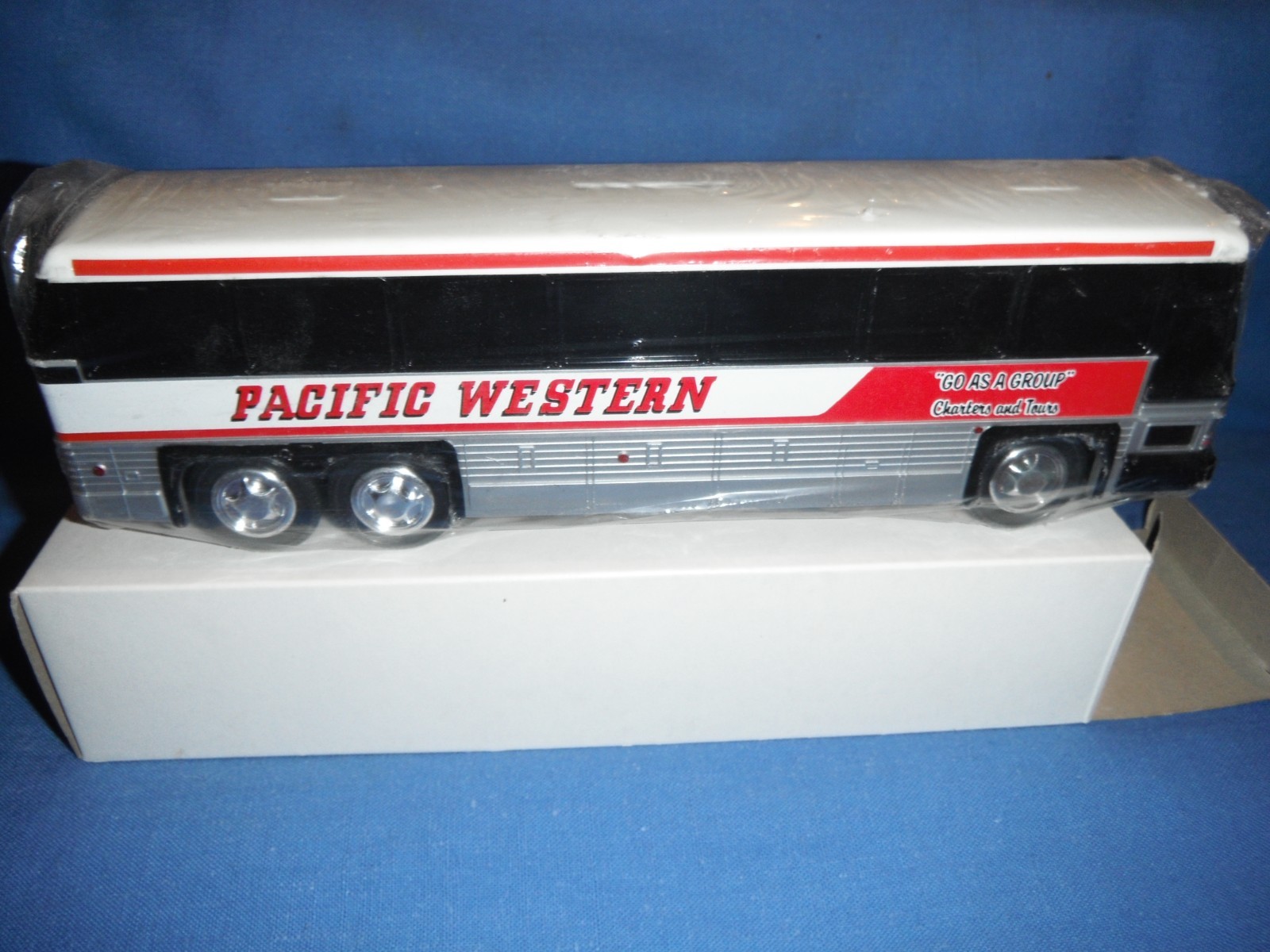 Pacific Western vintage Jimson bus 10″ long plastic bank Boxed