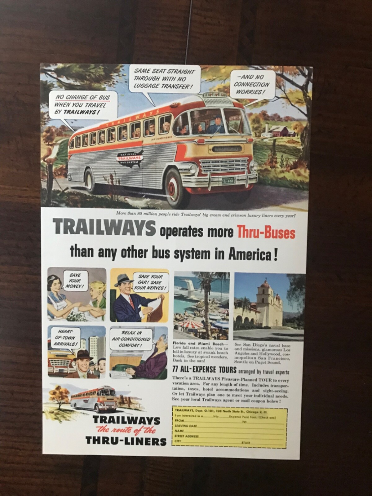 1951 vintage original print ad Trailways Thru-Liners Bus Line