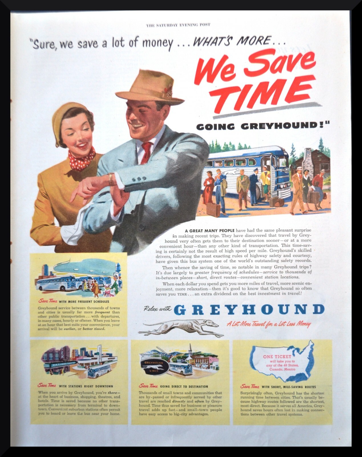 Lot of 6 1948 1949 Greyhound Bus Vintage Print Ads ORIGINALS