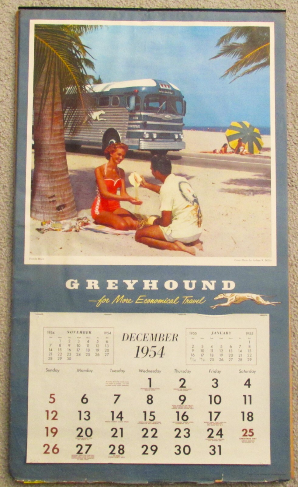 Original 1954 Greyhound Bus Wall Calendar 18″ x 31″