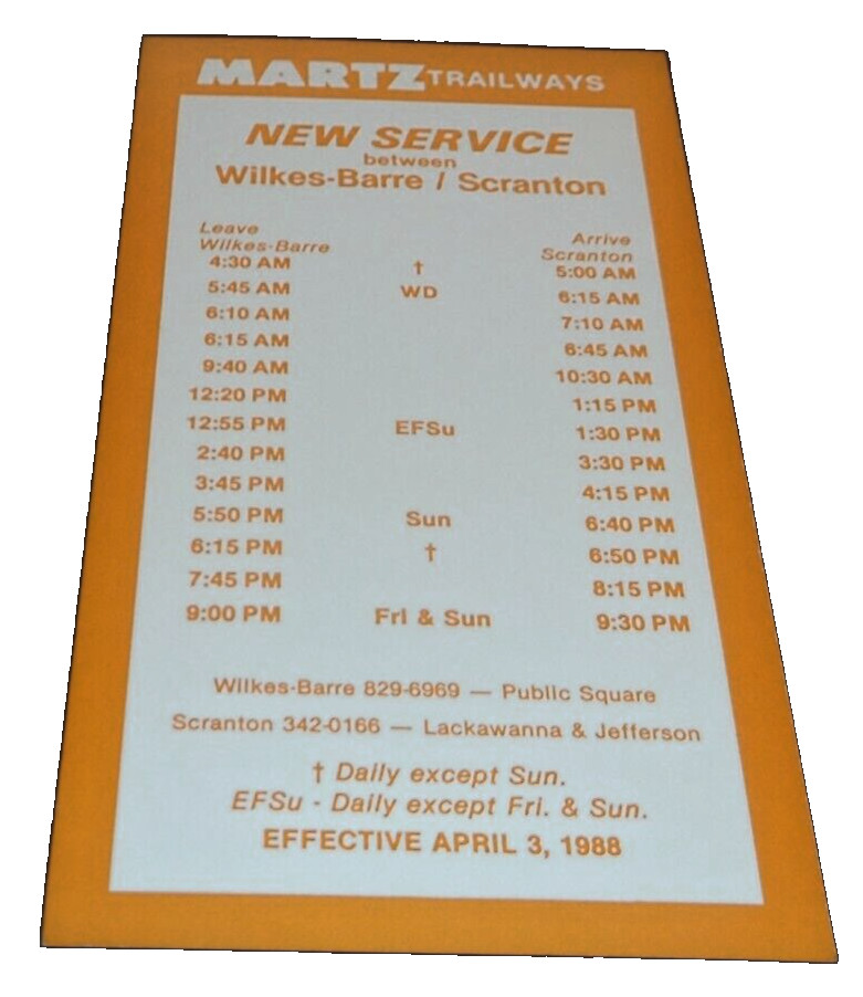 APRIL 1988 MARTZ TRAILWAYS WILKES BARRE SCRANTON PENNSYLVANIA BUS SCHEDULE