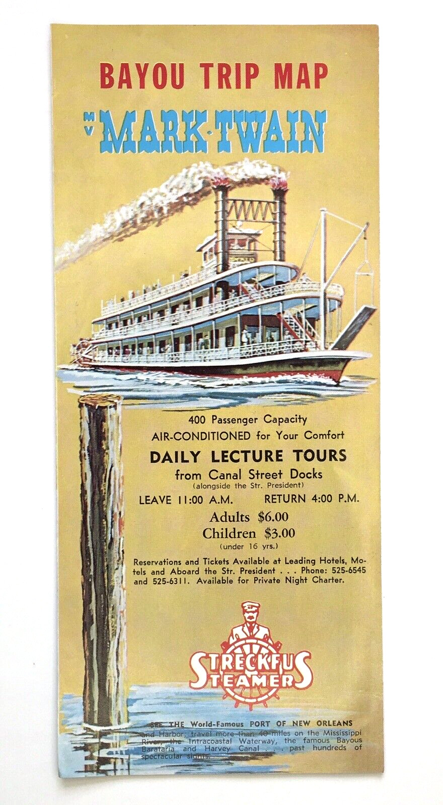 Vintage Bayou Trip Map Mark Twain Tours New Orleans Streckfus Steamers Brochure