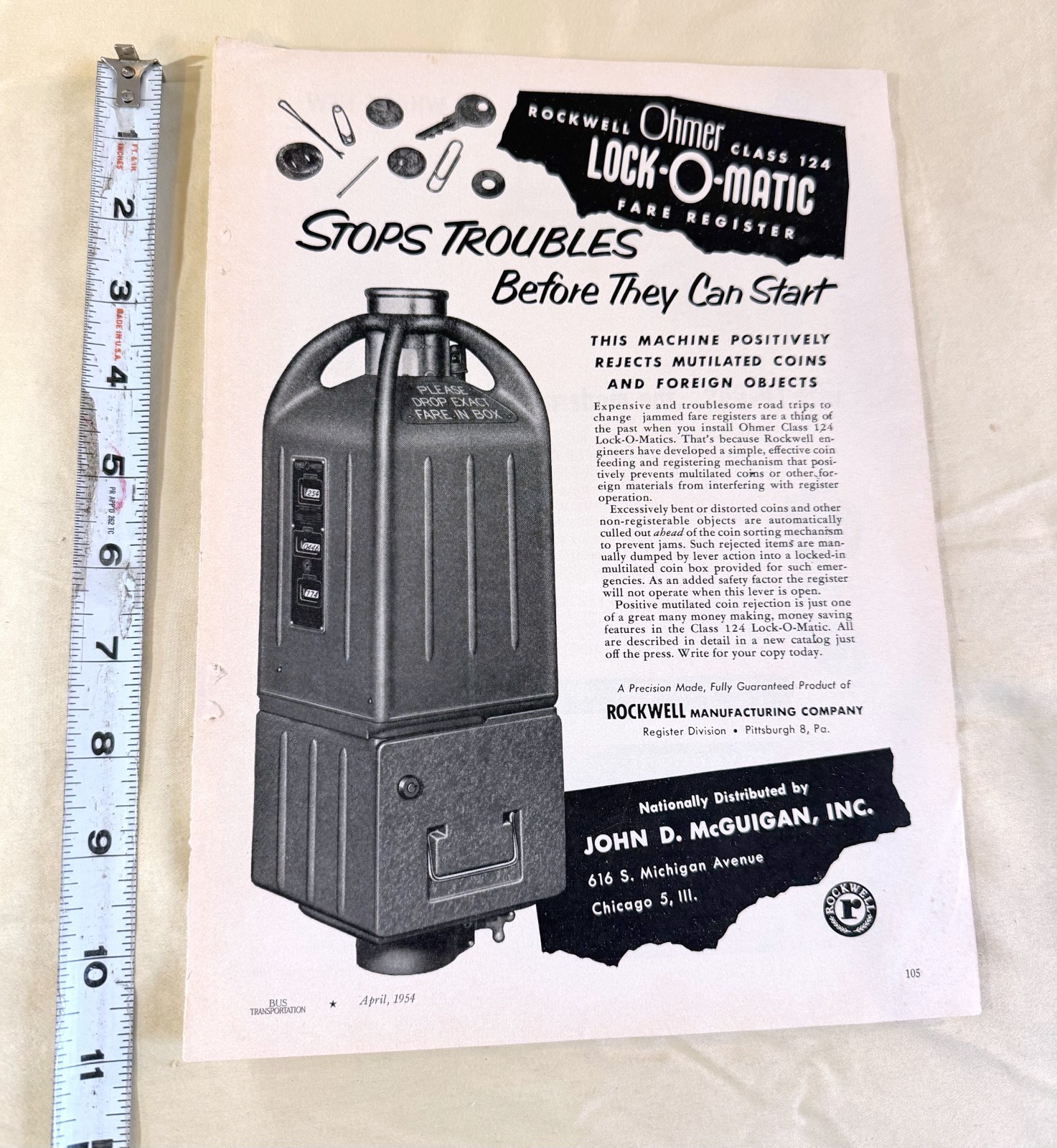 vtg BUS print ad Rockwell Class 124 Ohmer Lock-O-Matic Fare Register 1954 rare