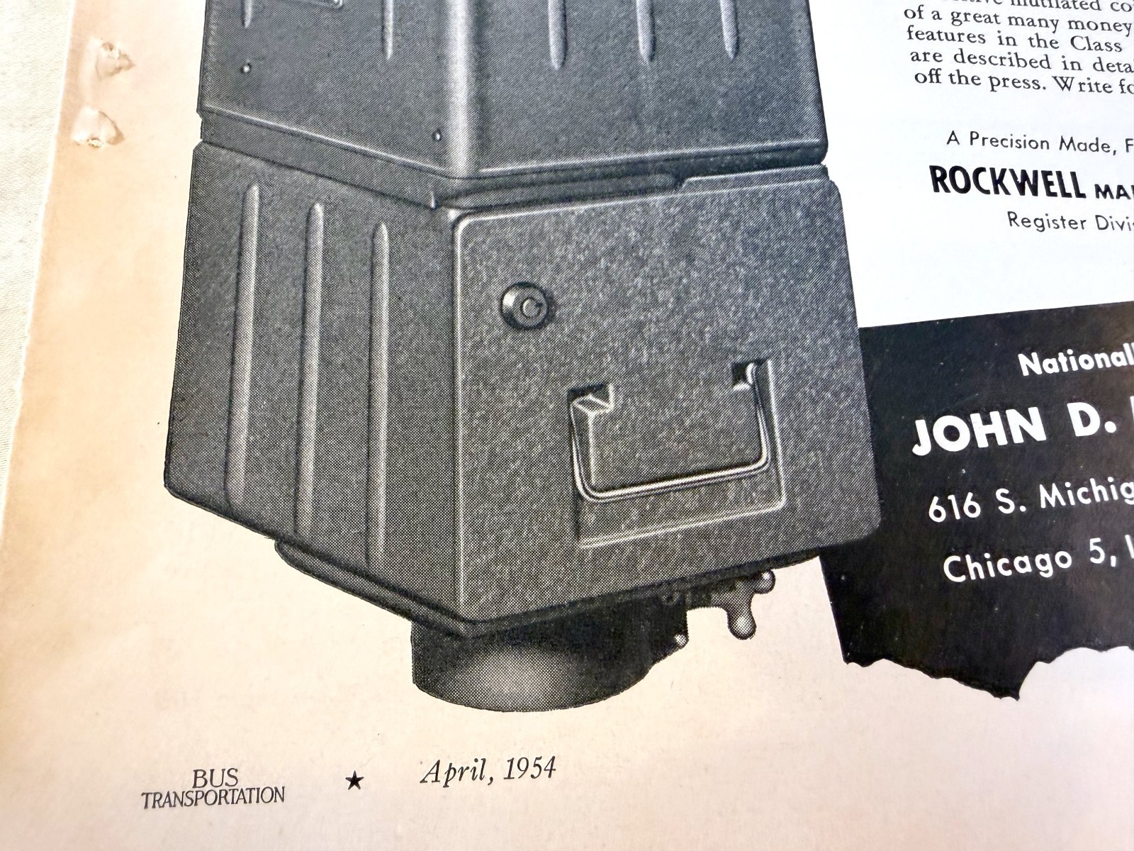 vtg BUS print ad Rockwell Class 124 Ohmer Lock-O-Matic Fare Register 1954 rare