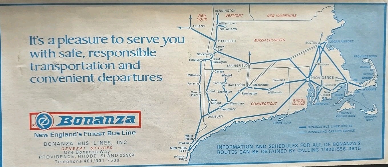 Bonanza Bus Lines January 5th 1992 Bus Schedule Vintage New England’s Finest Bus