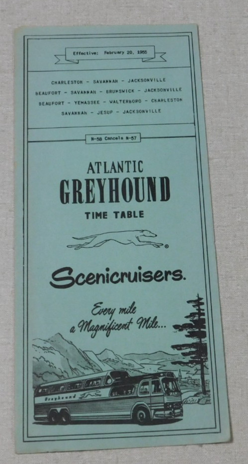 1955 Atlantic Greyhound bus timetable Charleston Savannah Jacksonville