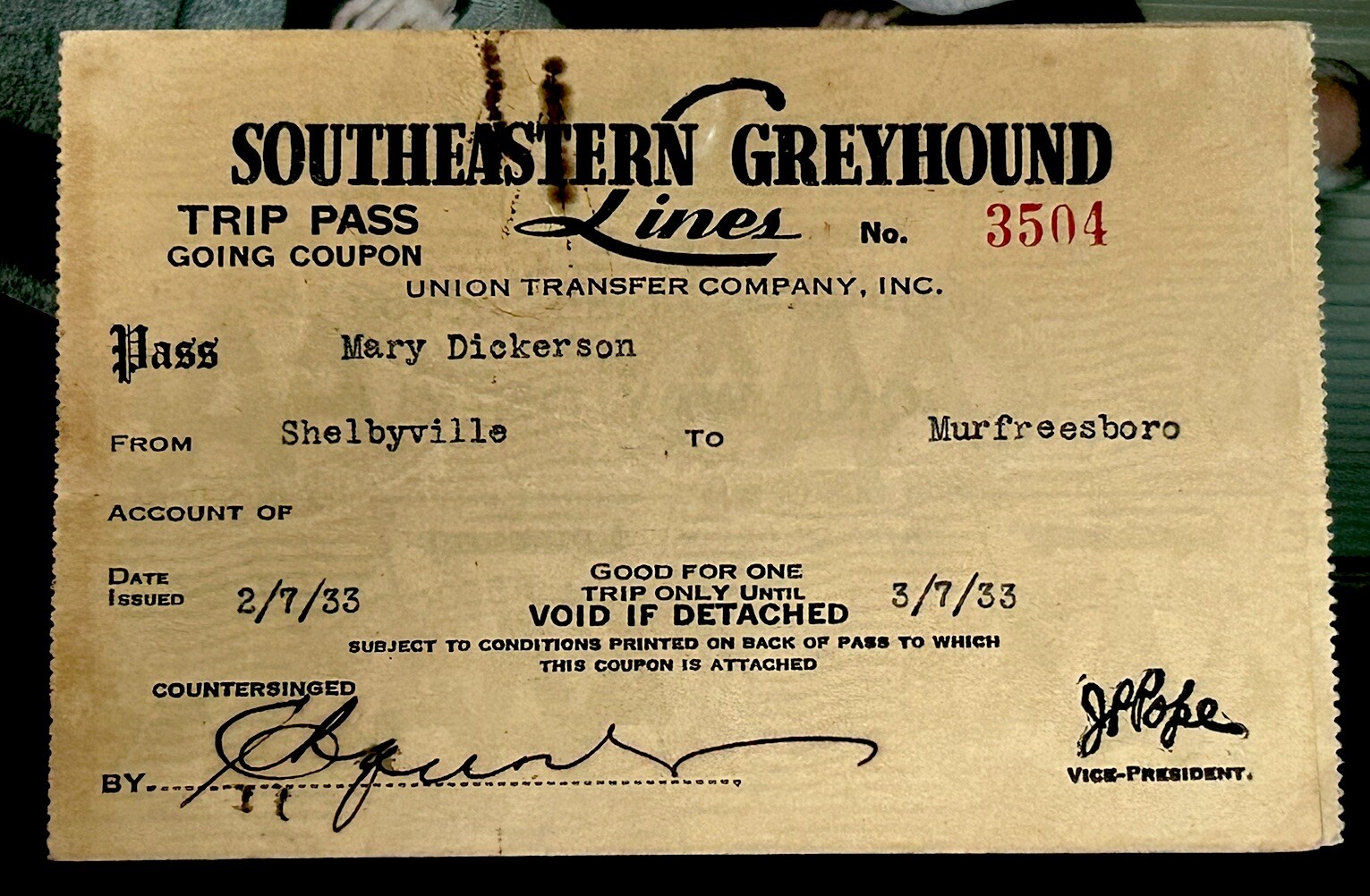 1933 Southeastern Greyhound Bus Lines Trip Pass Nashville Murfreesboro Ticket