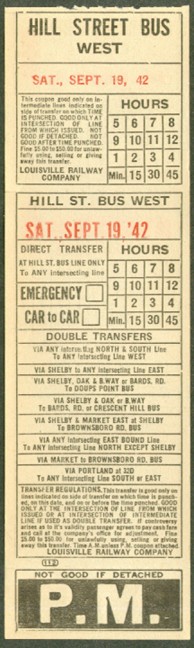Louisville Railway Hill St Bus transfer 1942 E-W