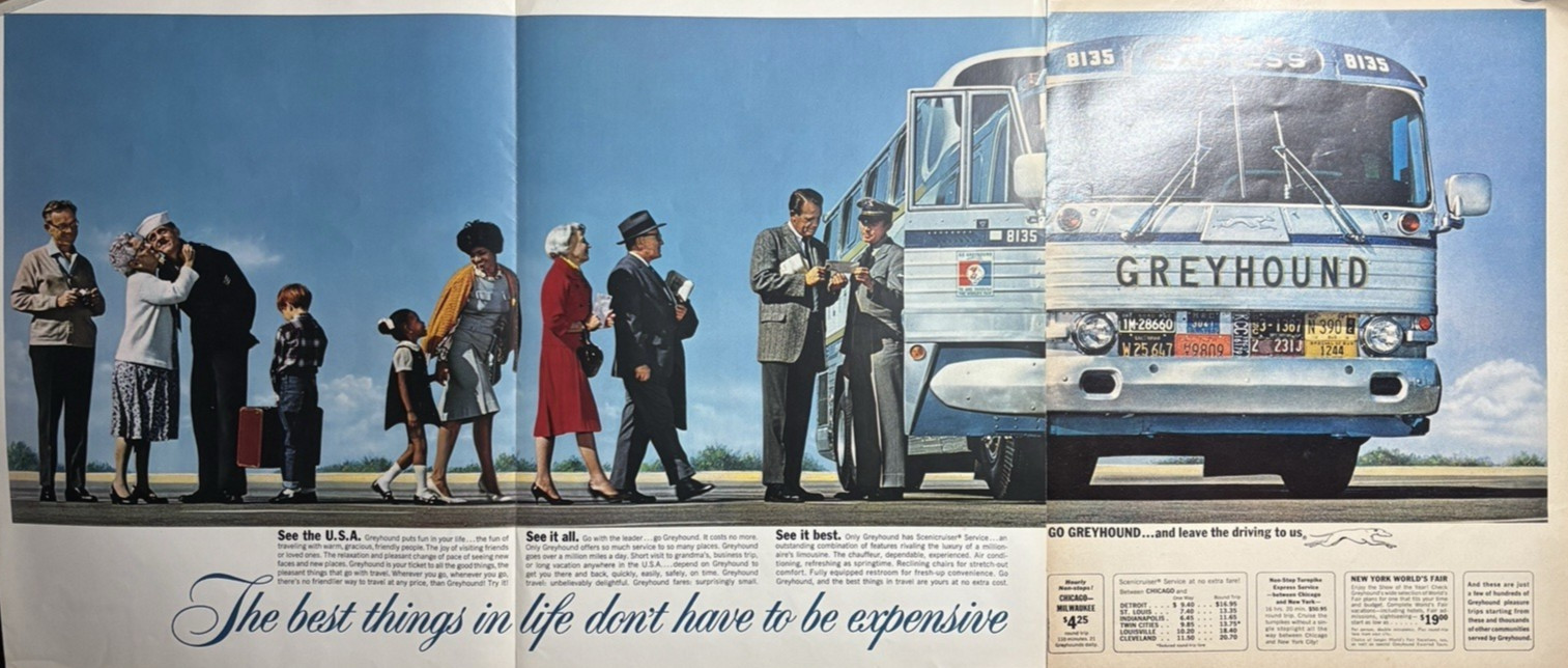 Greyhound Bus Travel Chart See USA Driving To Us Express VTG Print Ad 1960s