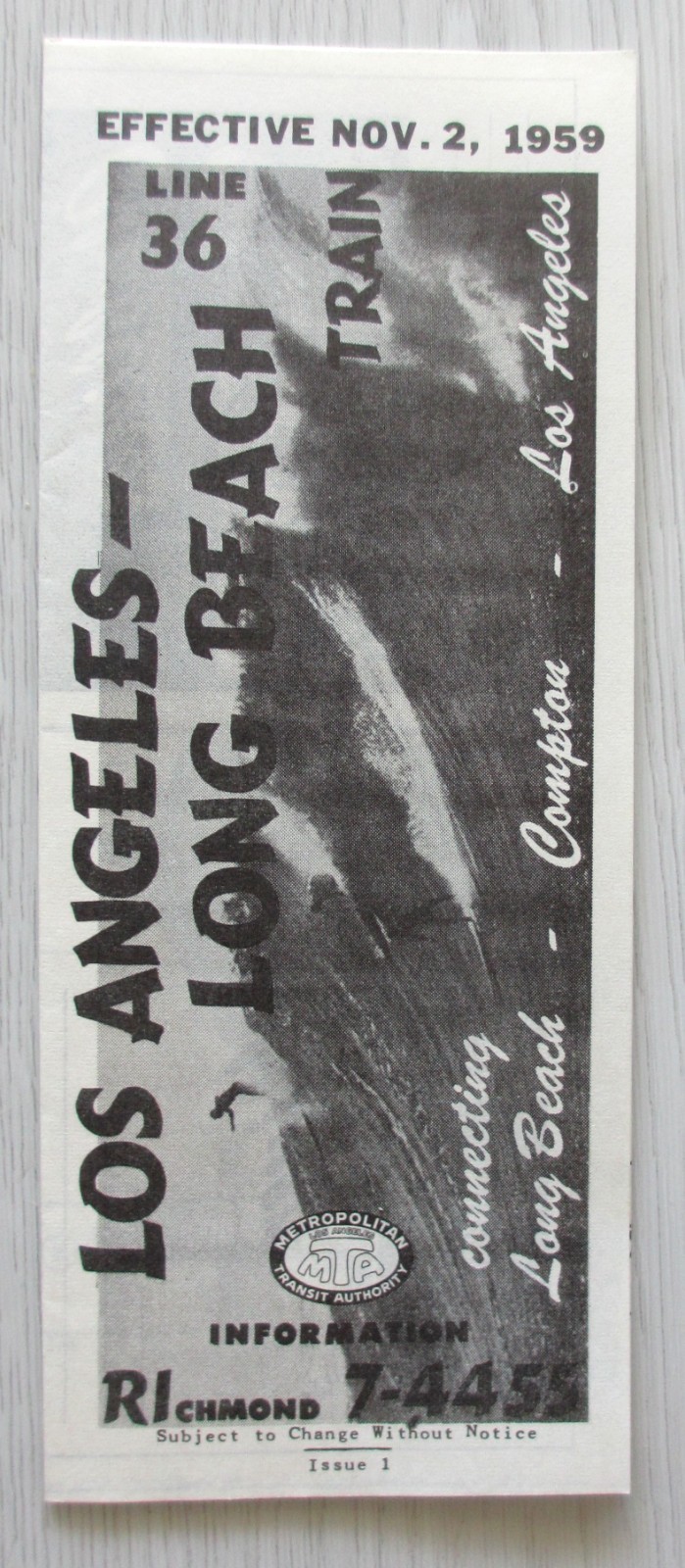 Vintage November 1959 Los Angeles Mta Trolley Timetable Map Route 36 Long Beach
