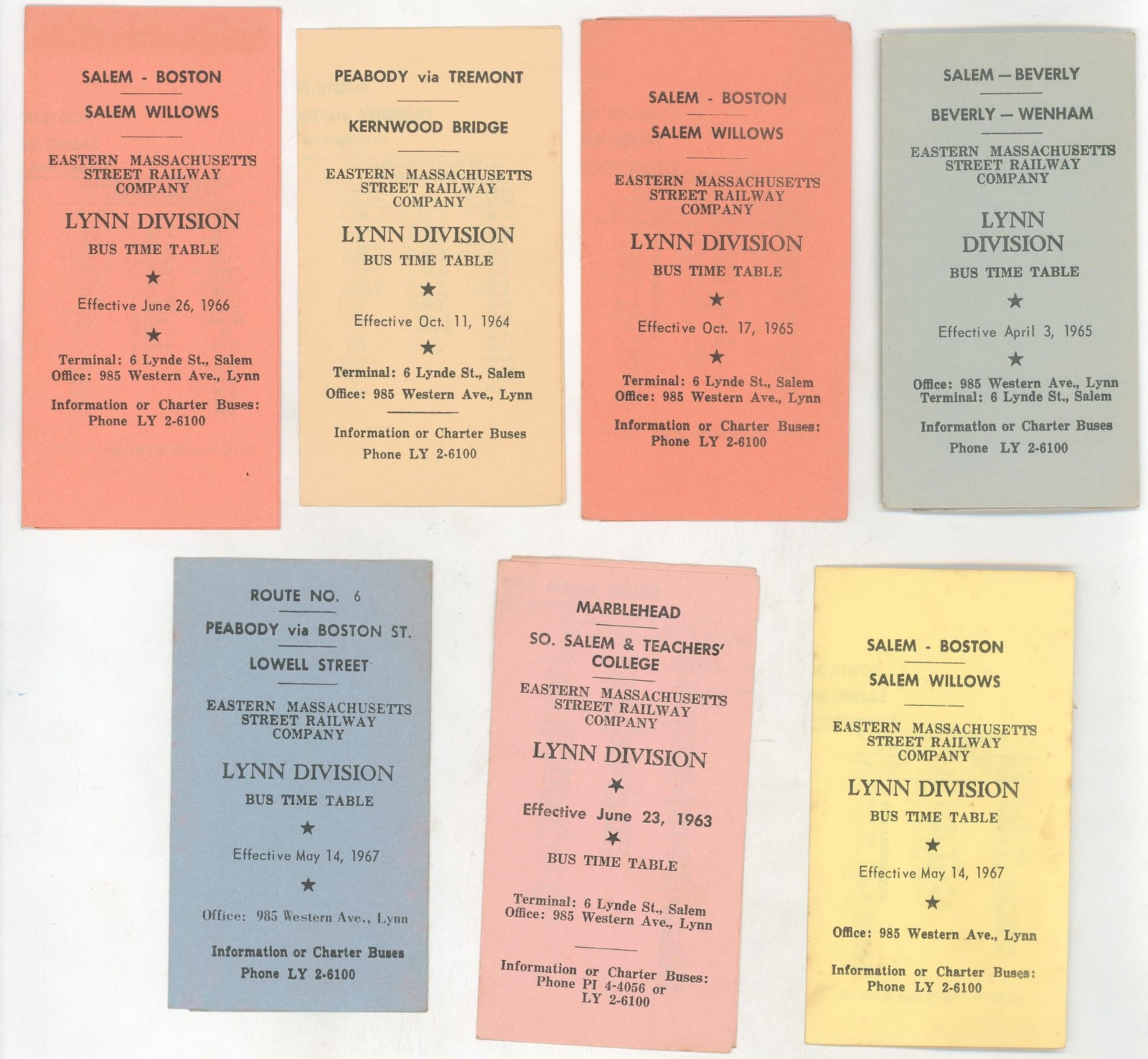 1960s Eastern Massachusetts Street Railway Lynn Division Bus Timetables Boston