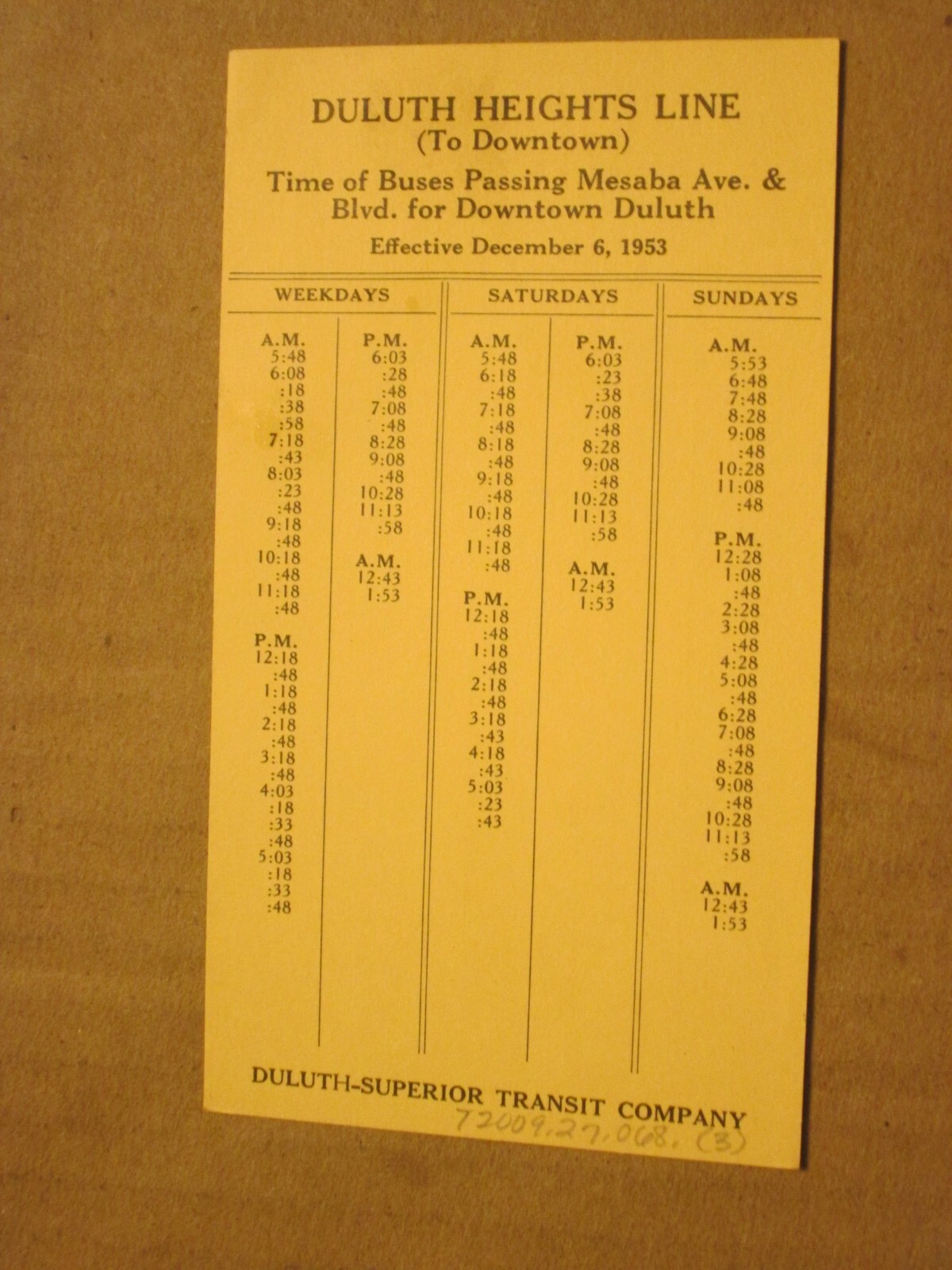 Duluth-Superior Transit Bus Time Table – Duluth Heights Line Dec. 6 1953