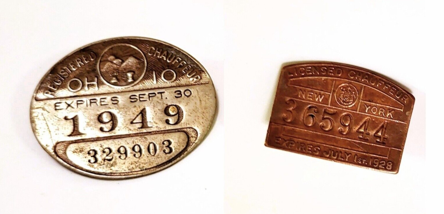 Vintage Chauffeur License Pins Ohio 1949 and New York 1928 2pc
