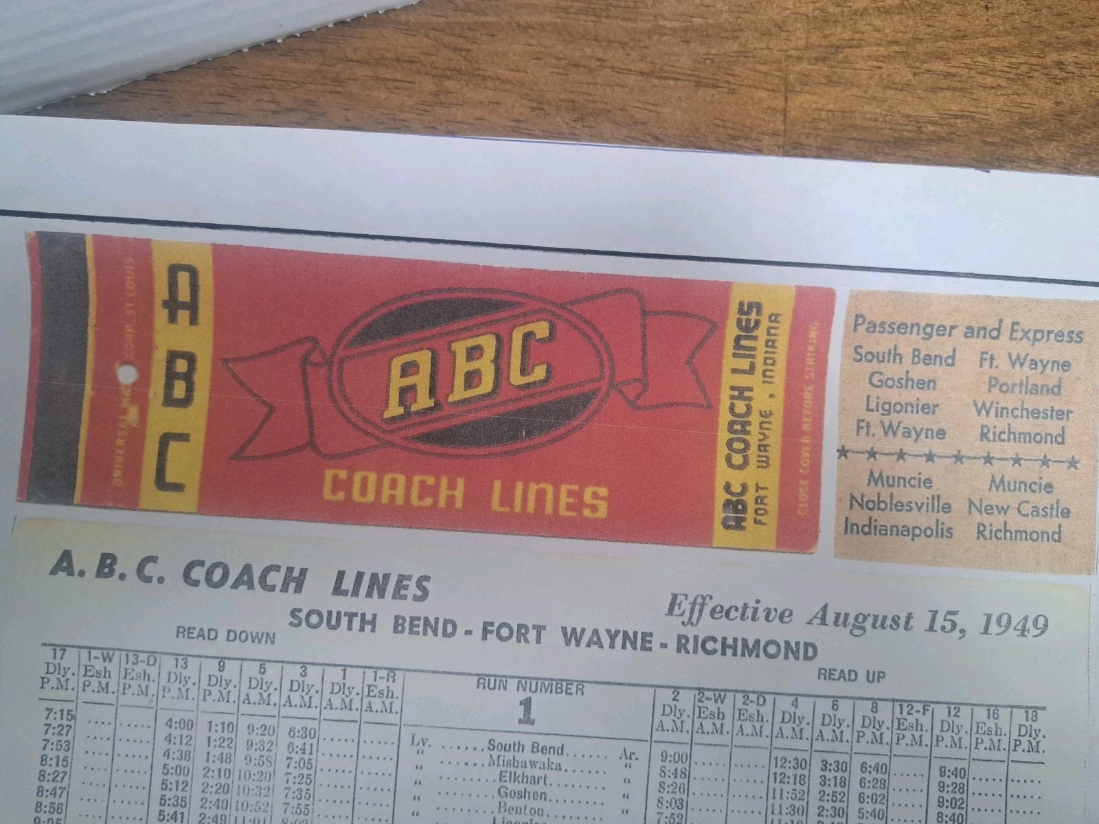ABC COACH LINES BUS SCHEDULE 1949 – FORT WAYNE, IN 12″x18″ Framable Collectible