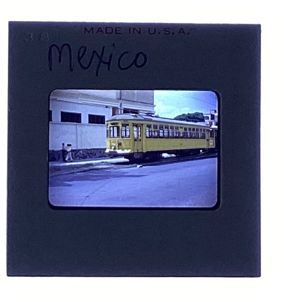 1957 Mexico Yellow City Bus Trolley Mexican Street Scene Color Photo Slide