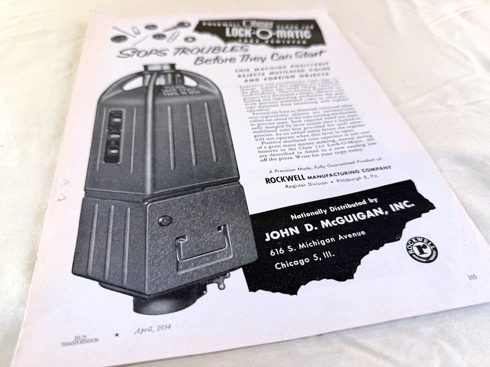 vtg BUS print ad Rockwell Class 124 Ohmer Lock-O-Matic Fare Register 1954 rare