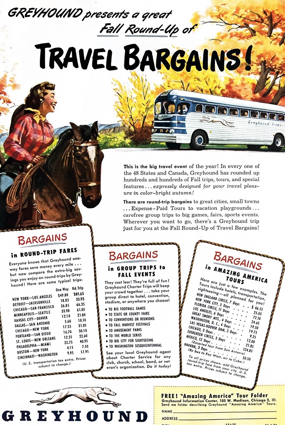 1950 GREYHOUND BUS USA Vintage Print Ad Americana Transportation Horse