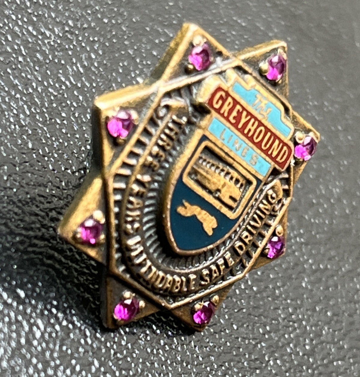 The Greyhound Lines Three Year Dependable Safe Driver Award Pin 8 Chip Rubies