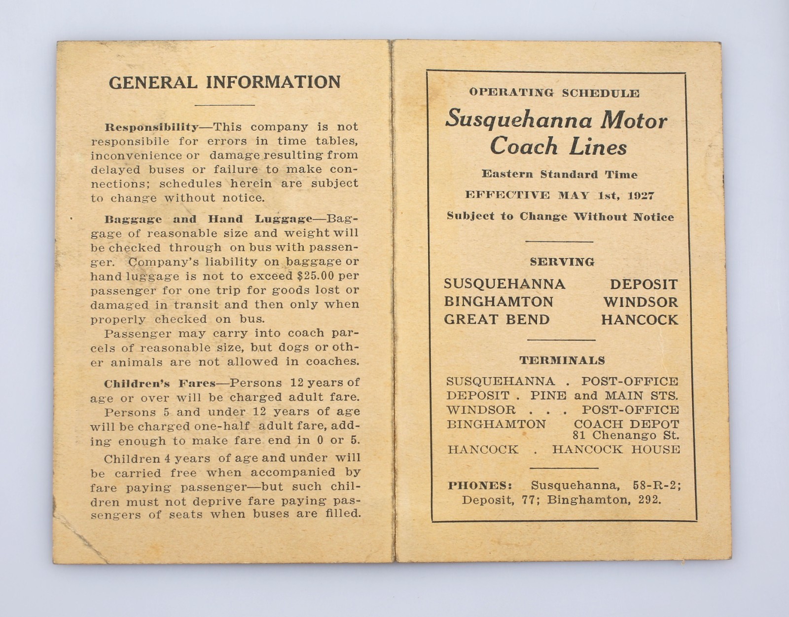 Vintage 1927 Susquehanna Motor Coach Lines Timetable Binghamton New York