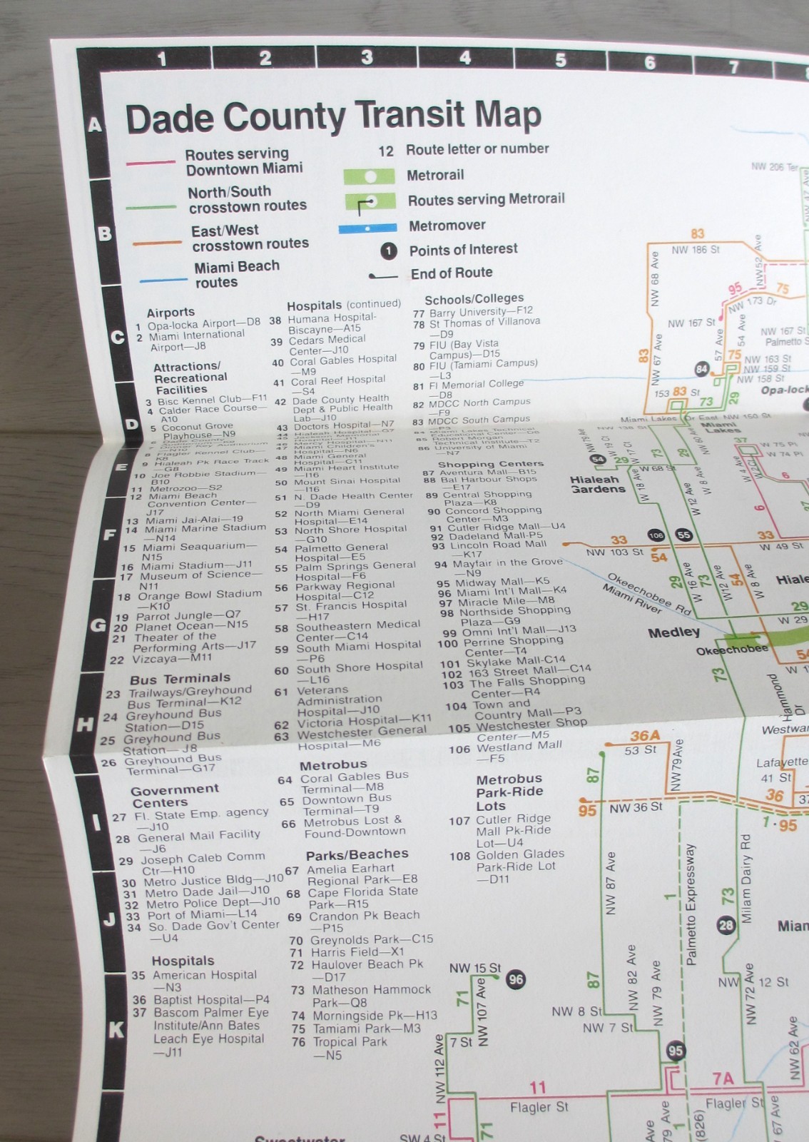 Vintage 1987 Metro-Dade County Transit Guide Map Metro Bus Miami Florida FL NOS