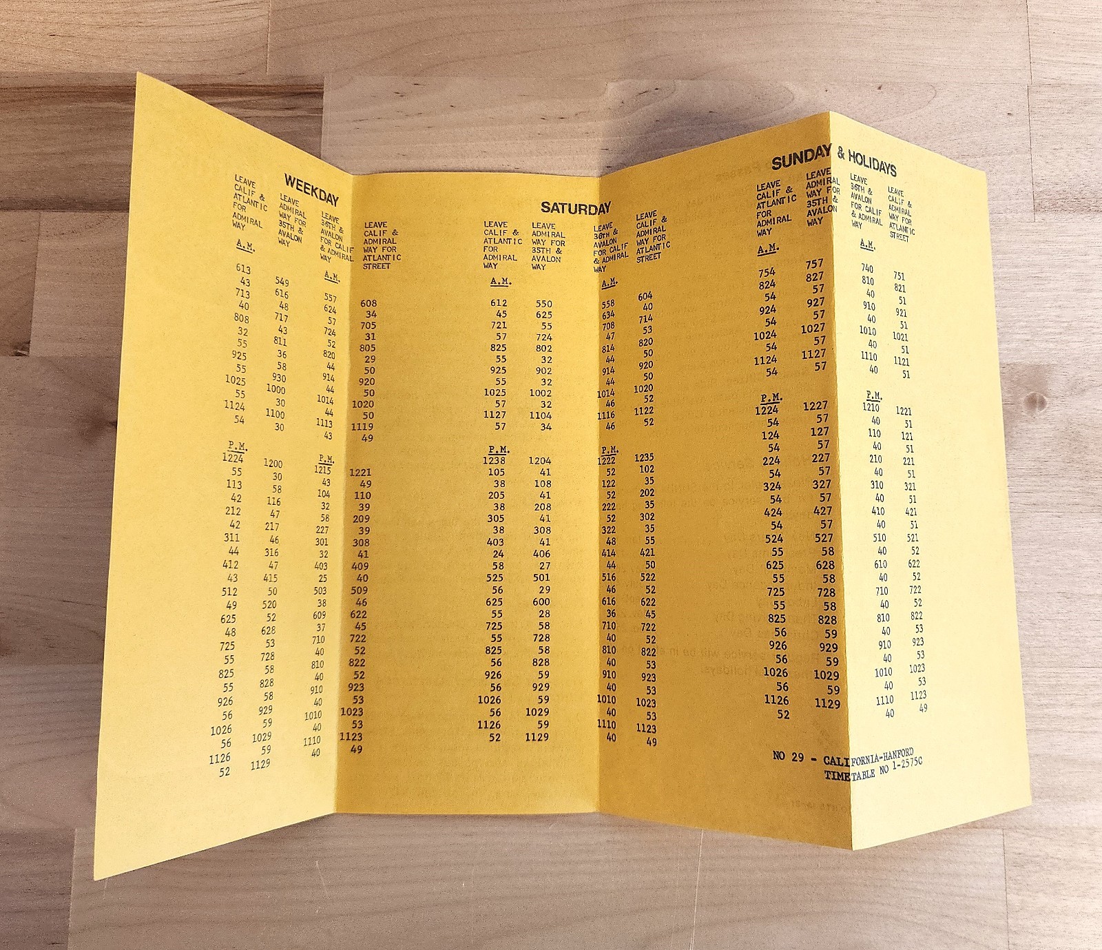 1975 METRO TRANSIT BUS TIME TABLE ROUTE 29 CALIFORNIA – HANFORD SEATTLE WA