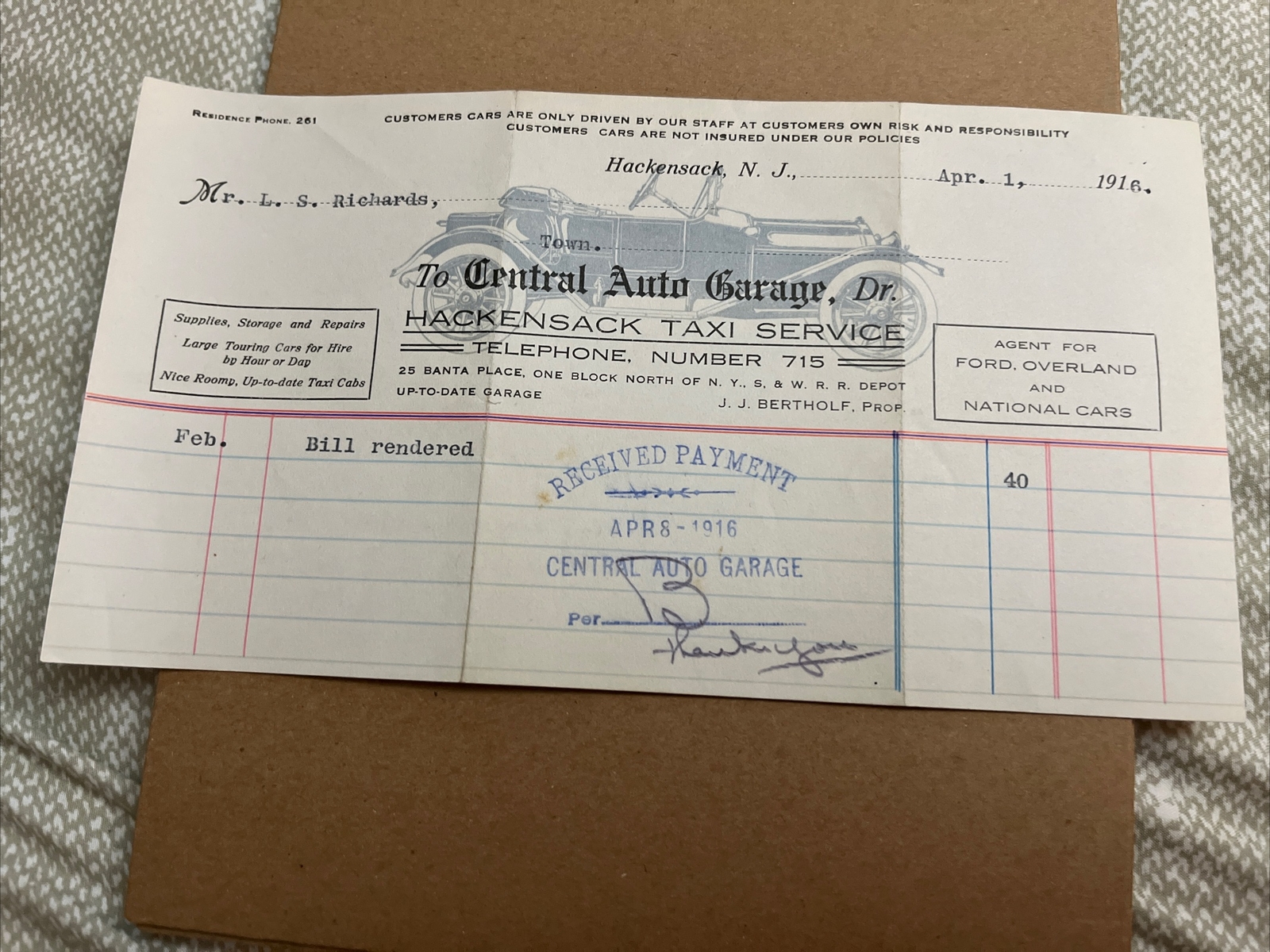 1916 Hackensack Taxi Service Central Auto Garage Invoice New Jersey Letterhead