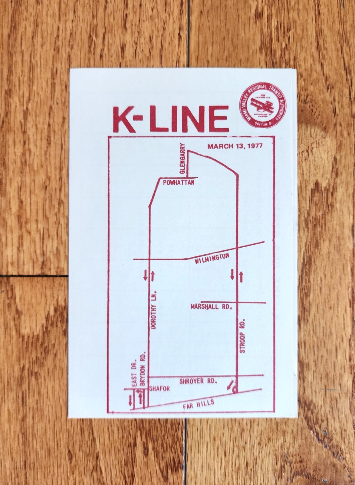1977 RTA MIAMI VALLEY REGIONAL TRANSIT AUTHORITY BUS TIME TABLE K DAYTON OHIO