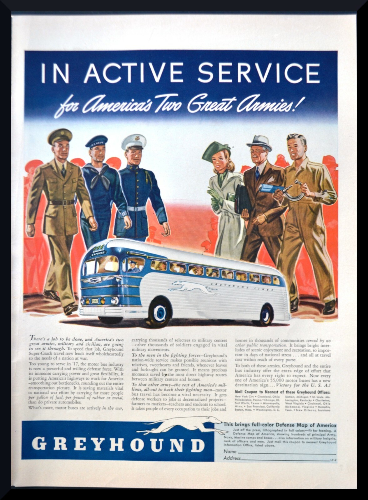 1942 Greyhound Bus PRINT AD US Army Navy Marine Uniforms Great Vintage Print Ad