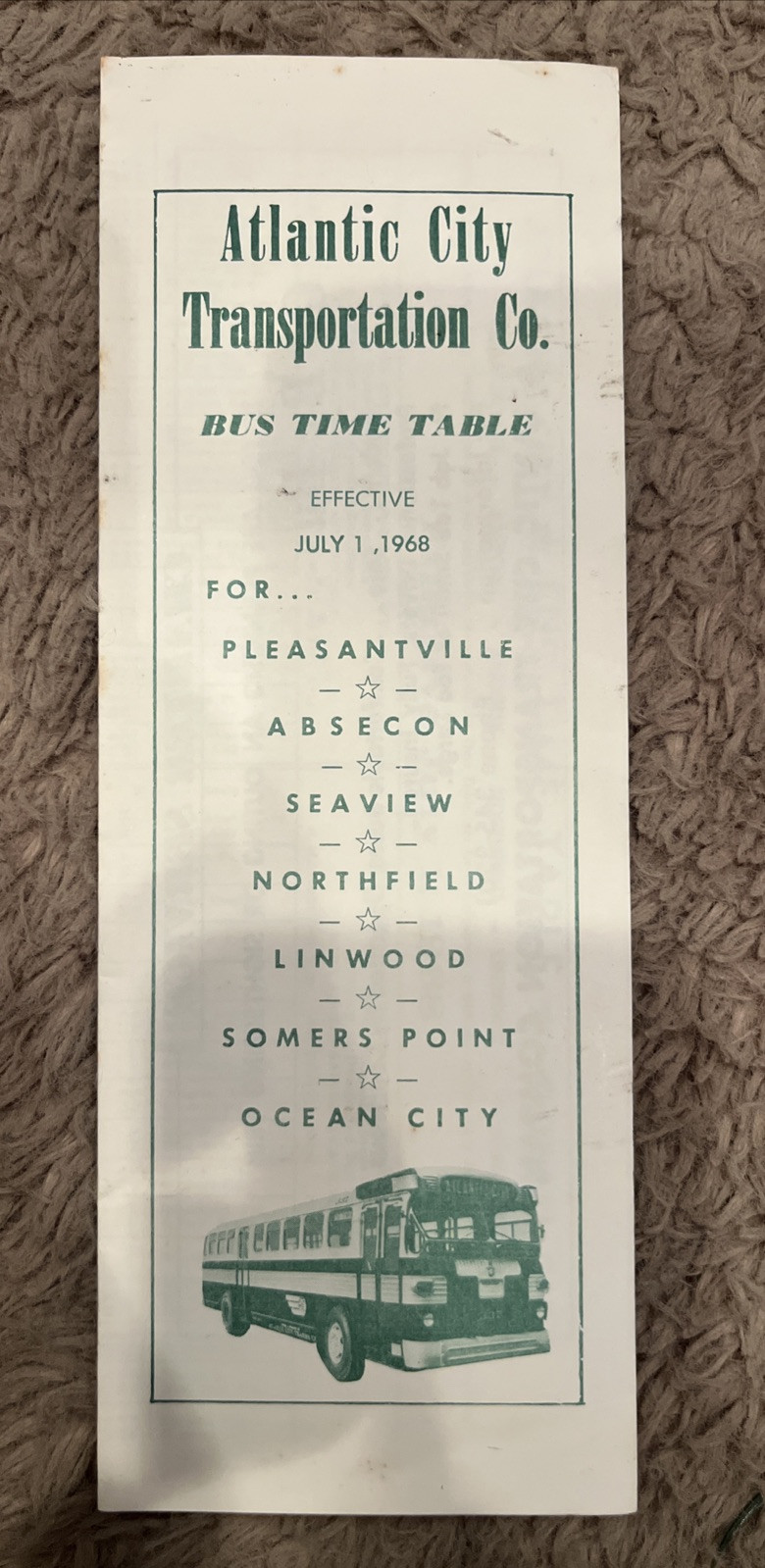 July 1, 1968 Atlantic City Transportation Company Ocean City Bus Schedule