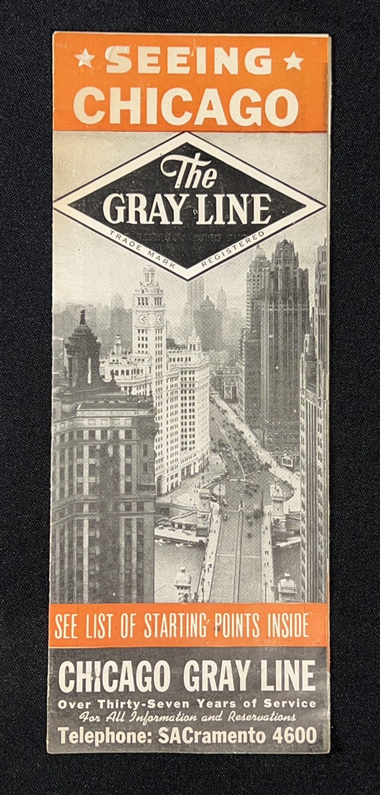 Seeing Chicago Gray Line Company Tours Brochure Pamphlet IL Orange Banner 1947