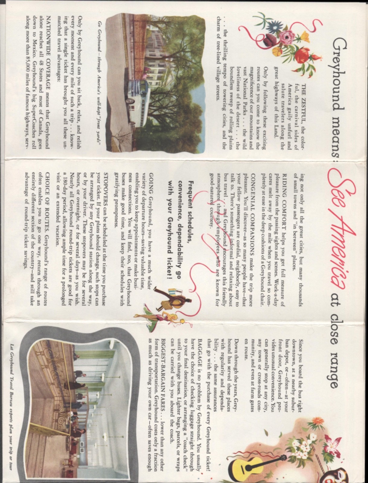 1949 GREYHOUND BUS LINES advertising brochure 18″x 24″ CARTOON MAP POSTER OF USA