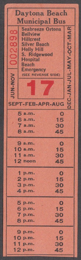 Daytona Beach Municipal Bus transfer 1949 FL Seabreeze-Beach Line 17
