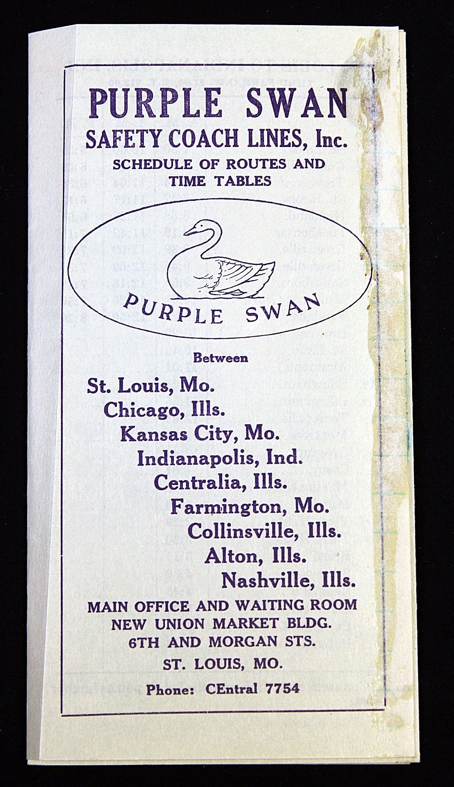 Purple Swan Safety Coach Bus Lines Folding Schedule and Time Table Routes 1928