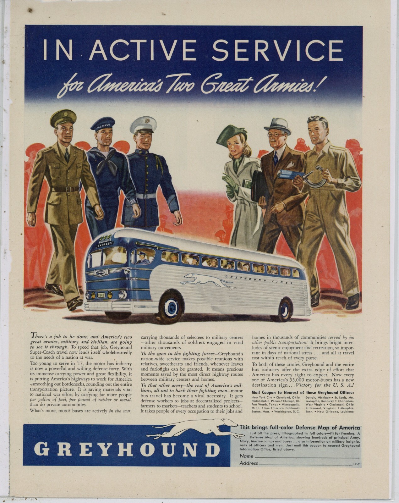 1942 Greyhound Bus Lines Ad: World War Two Theme – For America’s 2 Great Armies!
