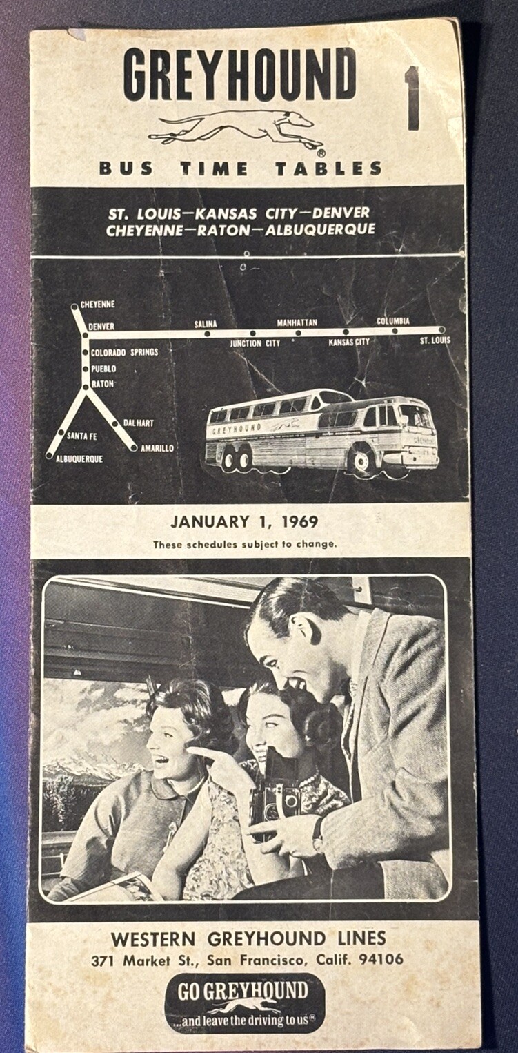 Vintage January 1, 1969 Greyhound Bus Schedule St Louis -Albuquerque
