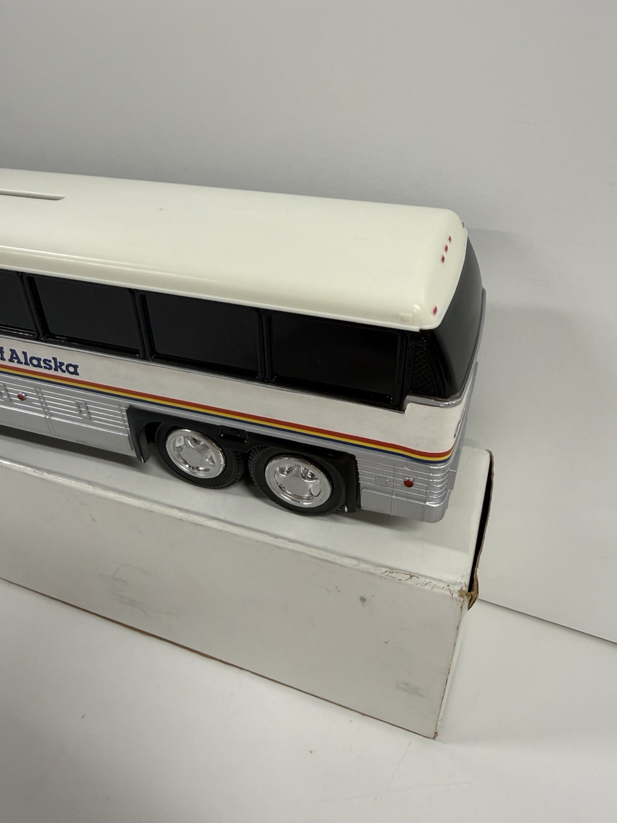 Gray Line Of Alaska Vintage Tour Bus 10″ long plastic coin bank W/ Box