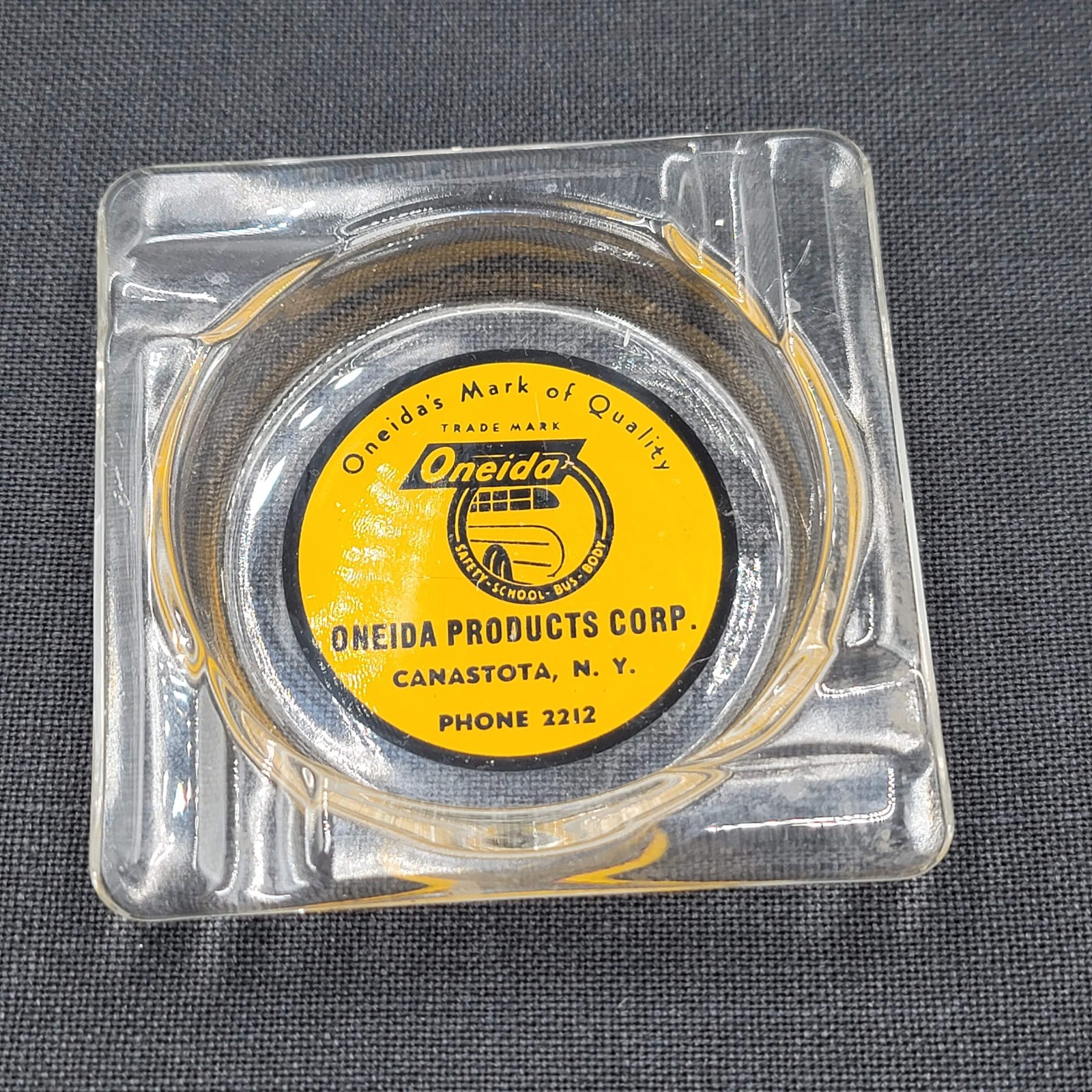 Vintage Oneida Bus Sales Glass Ashtray Advertising 4.25 in Canastota NY